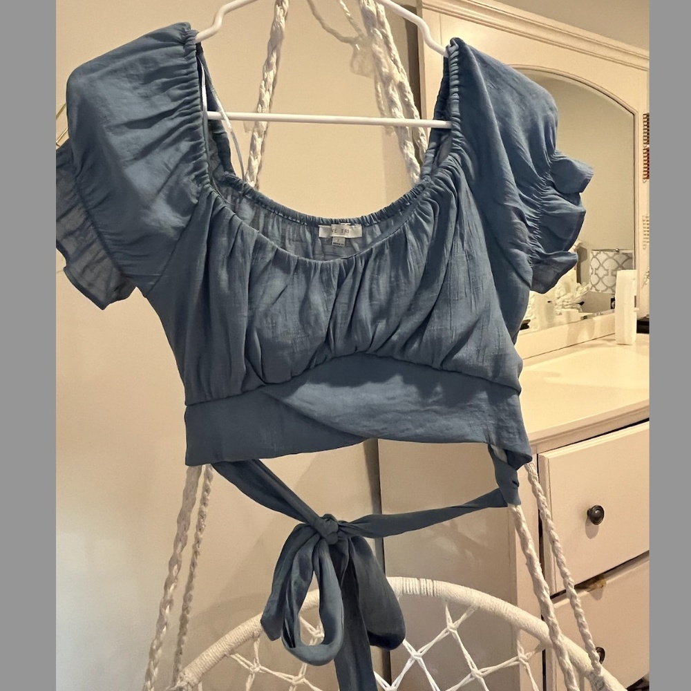 Blue Shirt Sleeve Wrap Around Crop Top